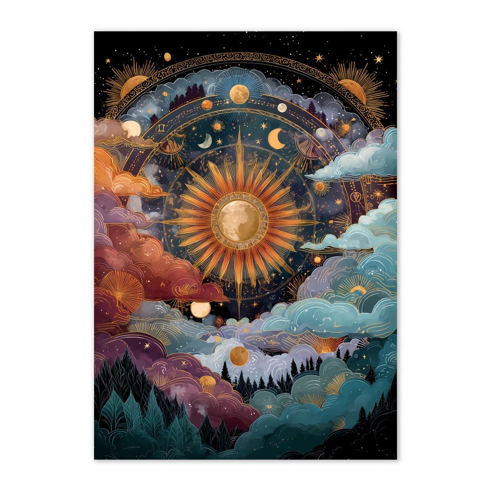  celestial art print with sun, moon, and stars