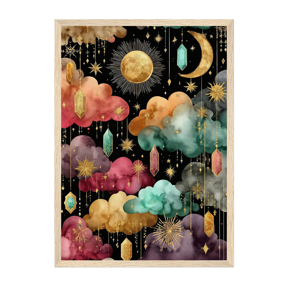 Gemstone Crystal Cloud Art Print: Jewel-Tone Gold Moon Star Dreamscape