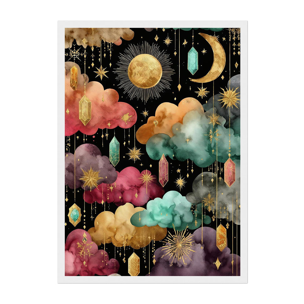 Gemstone Crystal Cloud Art Print: Jewel-Tone Gold Moon Star Dreamscape