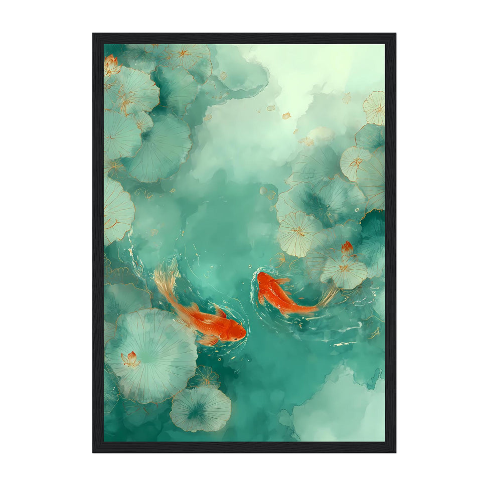 Framed artwork of koi fish and lotus flowers on a teal background