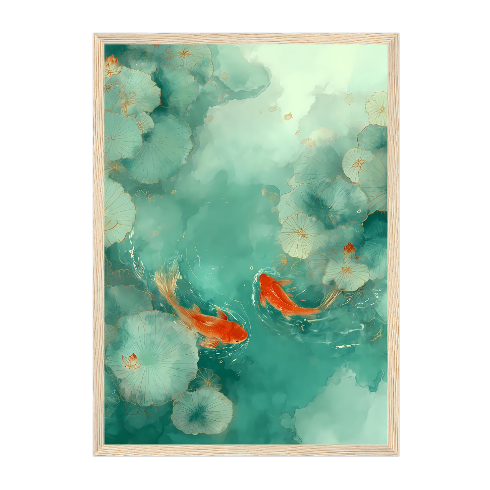 Framed artwork of koi fish and lotus flowers on a teal background