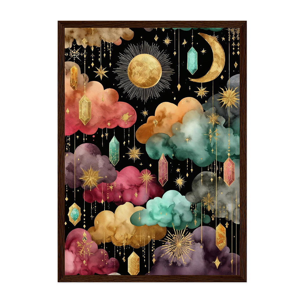 Gemstone Crystal Cloud Art Print: Jewel-Tone Gold Moon Star Dreamscape
