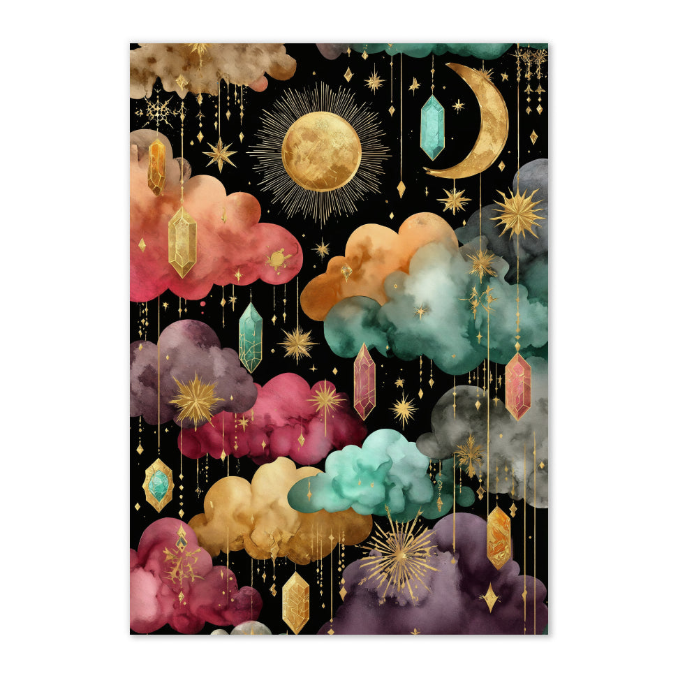 Gemstone Crystal Cloud Art Print: Jewel-Tone Gold Moon Star Dreamscape