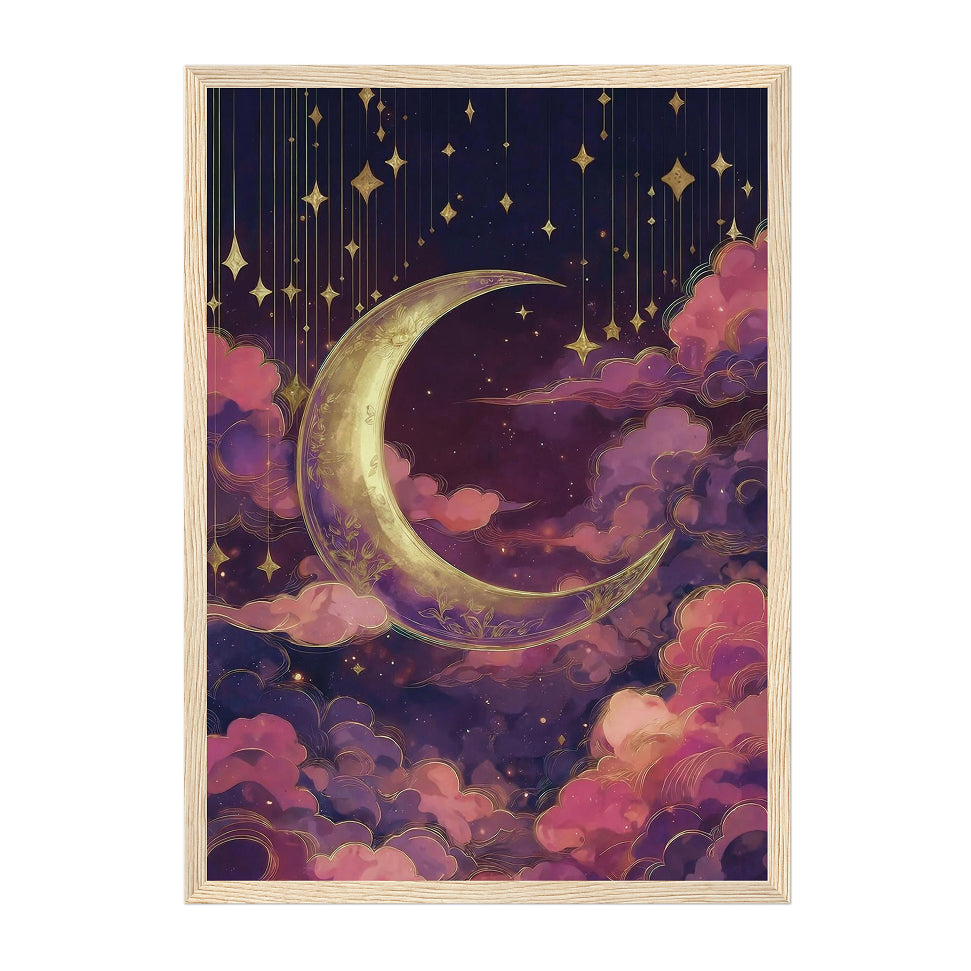 Celestial Dusty Pink Crescent Moon Art Print: Purple Gold Dreamy Night Sky Scene
