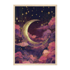 Celestial Dusty Pink Crescent Moon Art Print: Purple Gold Dreamy Night Sky Scene