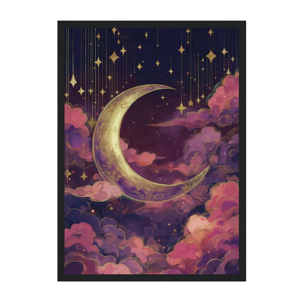 Celestial Dusty Pink Crescent Moon Art Print: Purple Gold Dreamy Night Sky Scene