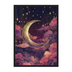 Celestial Dusty Pink Crescent Moon Art Print: Purple Gold Dreamy Night Sky Scene