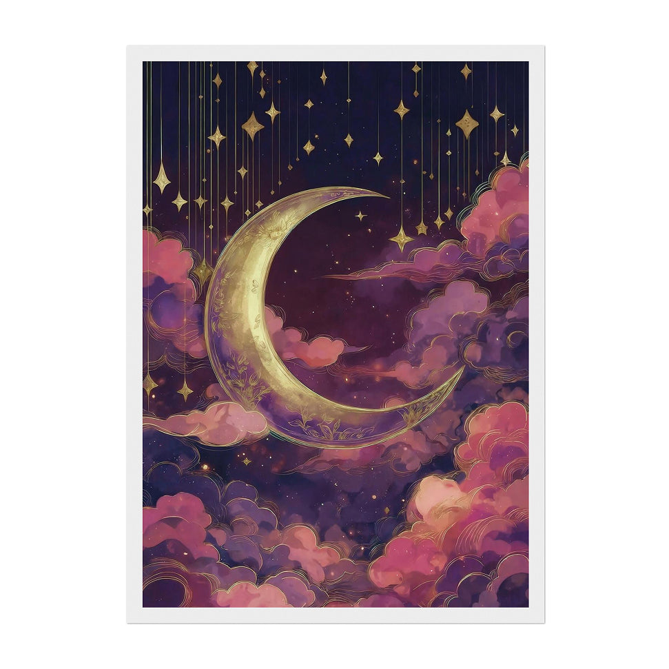 Celestial Dusty Pink Crescent Moon Art Print: Purple Gold Dreamy Night Sky Scene