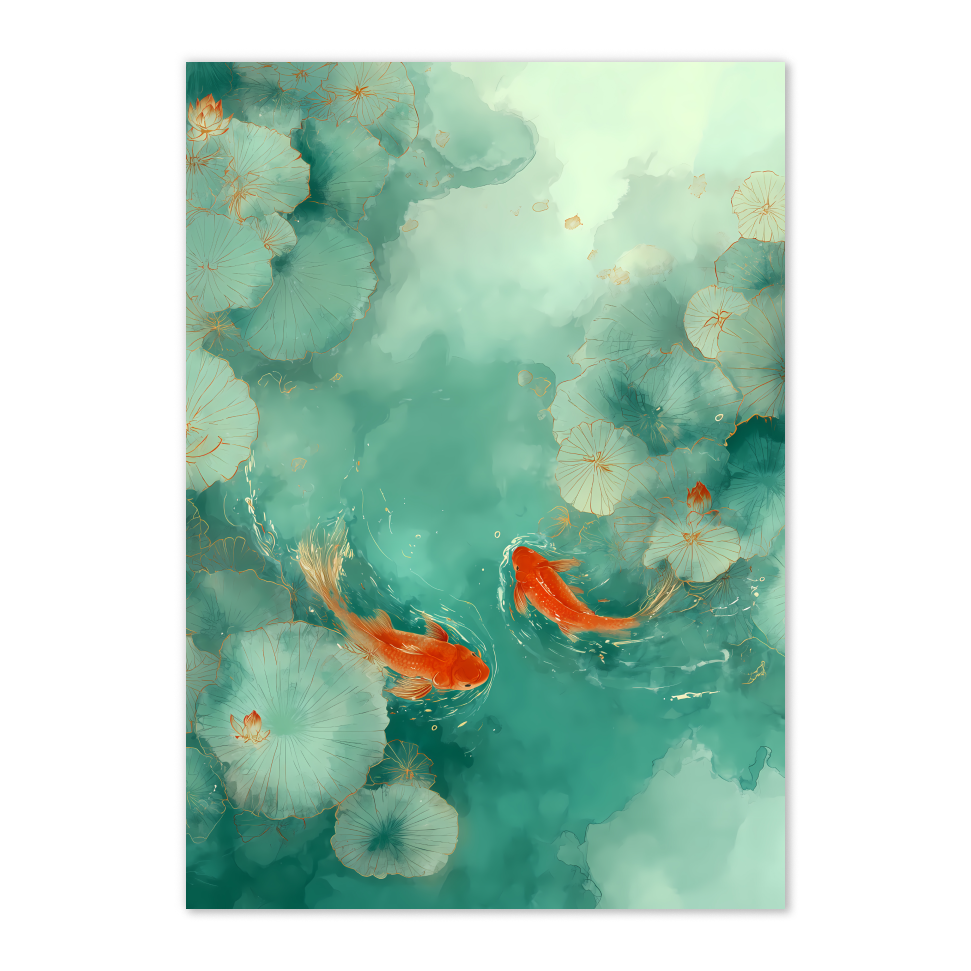 Artistic depiction of koi fish swimming among lotus flowers in a pond.