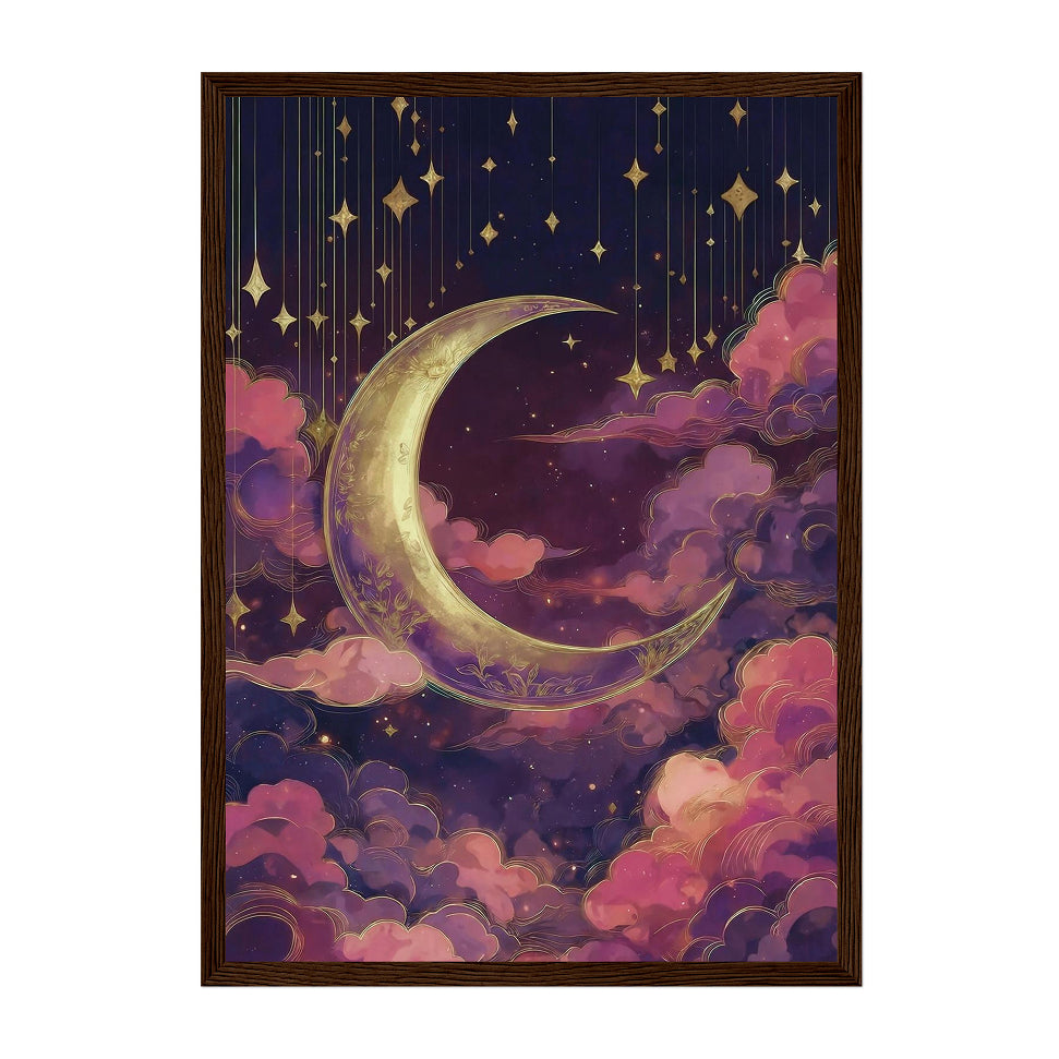 Celestial Dusty Pink Crescent Moon Art Print: Purple Gold Dreamy Night Sky Scene