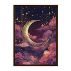Celestial Dusty Pink Crescent Moon Art Print: Purple Gold Dreamy Night Sky Scene