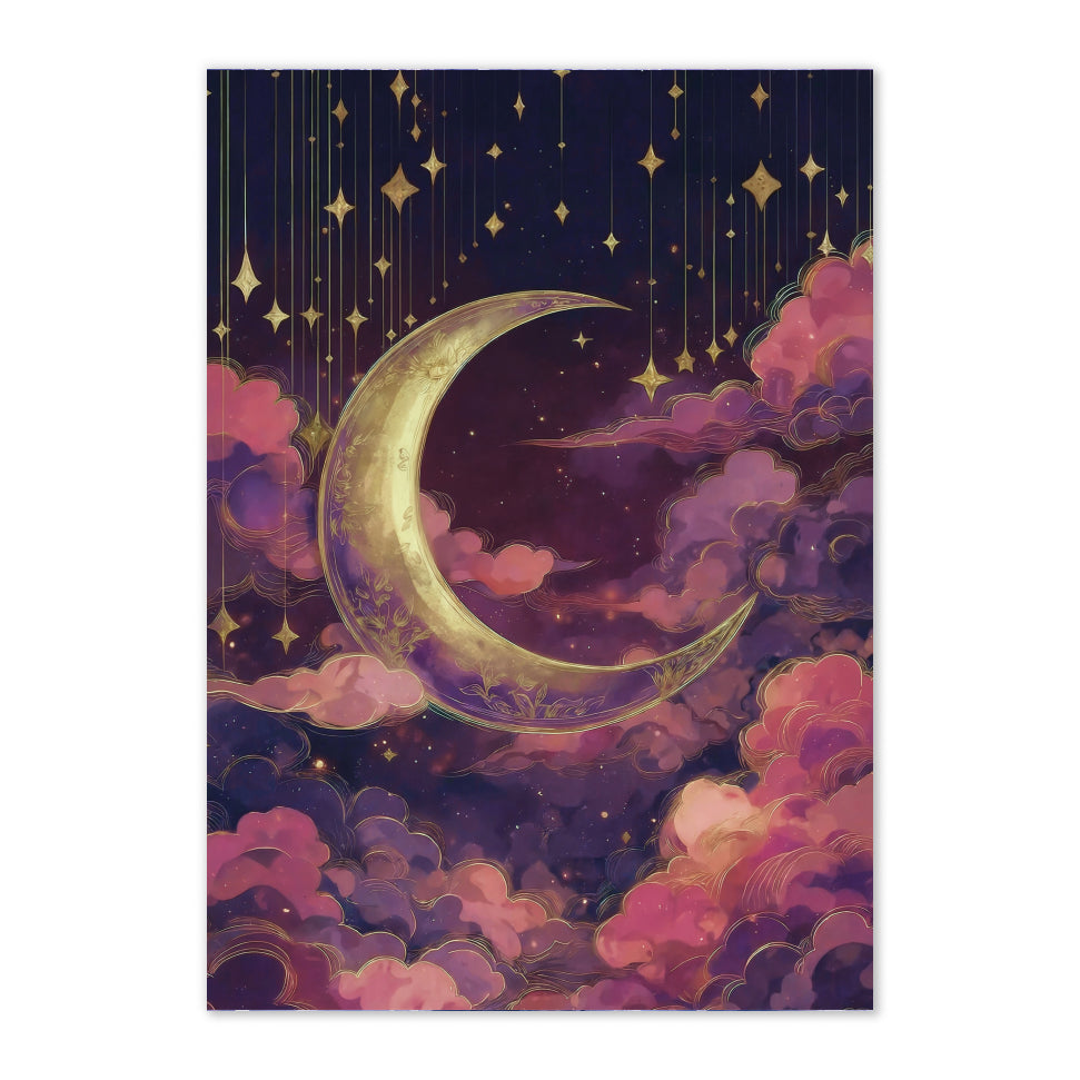 Celestial Dusty Pink Crescent Moon Art Print: Purple Gold Dreamy Night Sky Scene