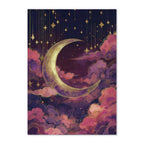 Celestial Dusty Pink Crescent Moon Art Print: Purple Gold Dreamy Night Sky Scene