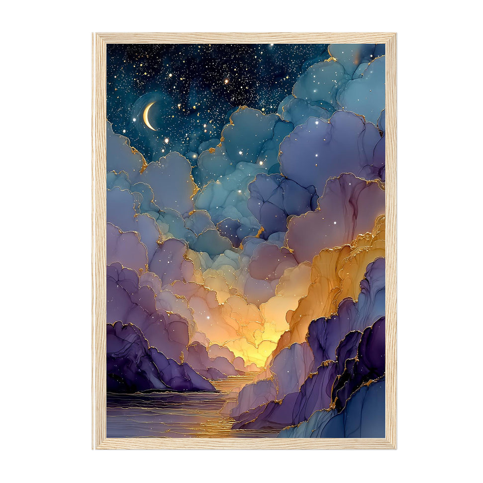 Celestial Alcohol Ink Landscape Art Print: Indigo Gold Dreamscape Valley