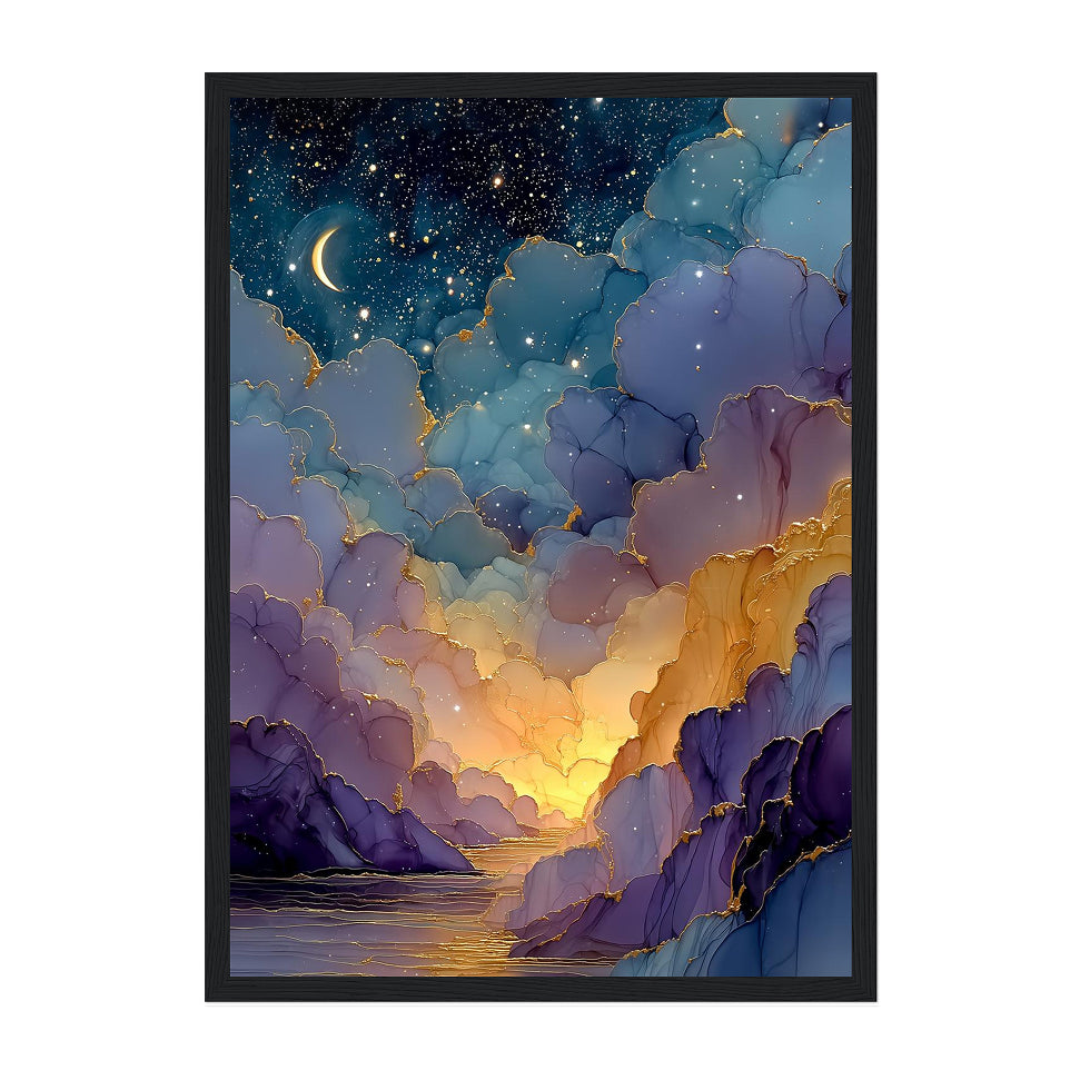 Celestial Alcohol Ink Landscape Art Print: Indigo Gold Dreamscape Valley