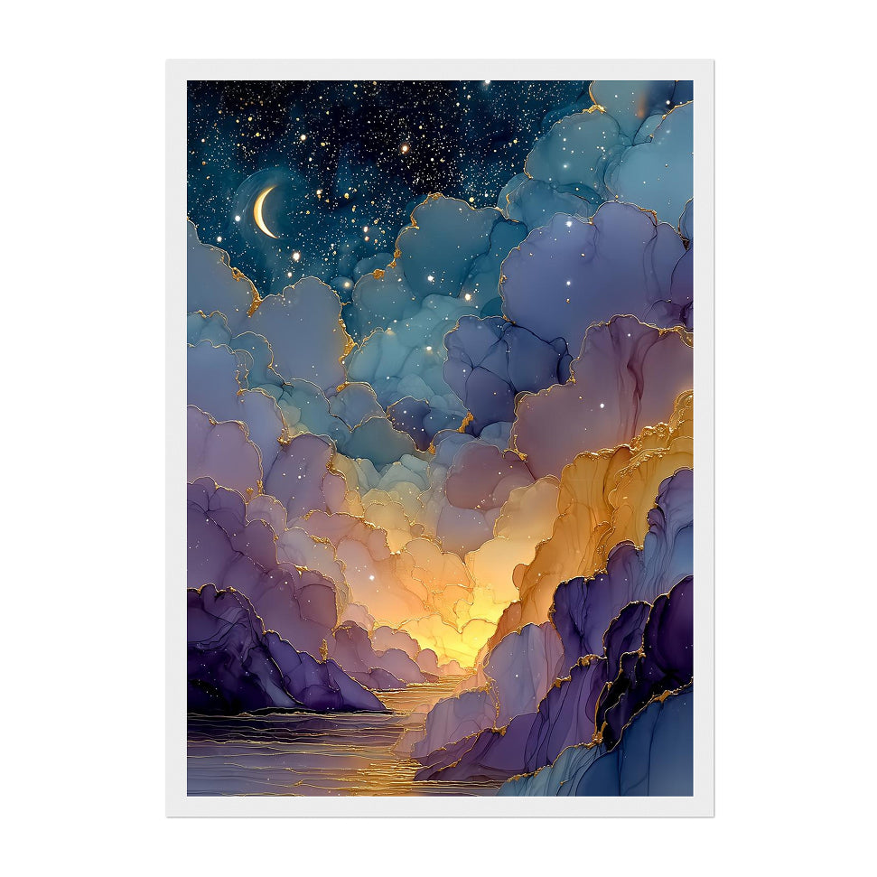 Celestial Alcohol Ink Landscape Art Print: Indigo Gold Dreamscape Valley
