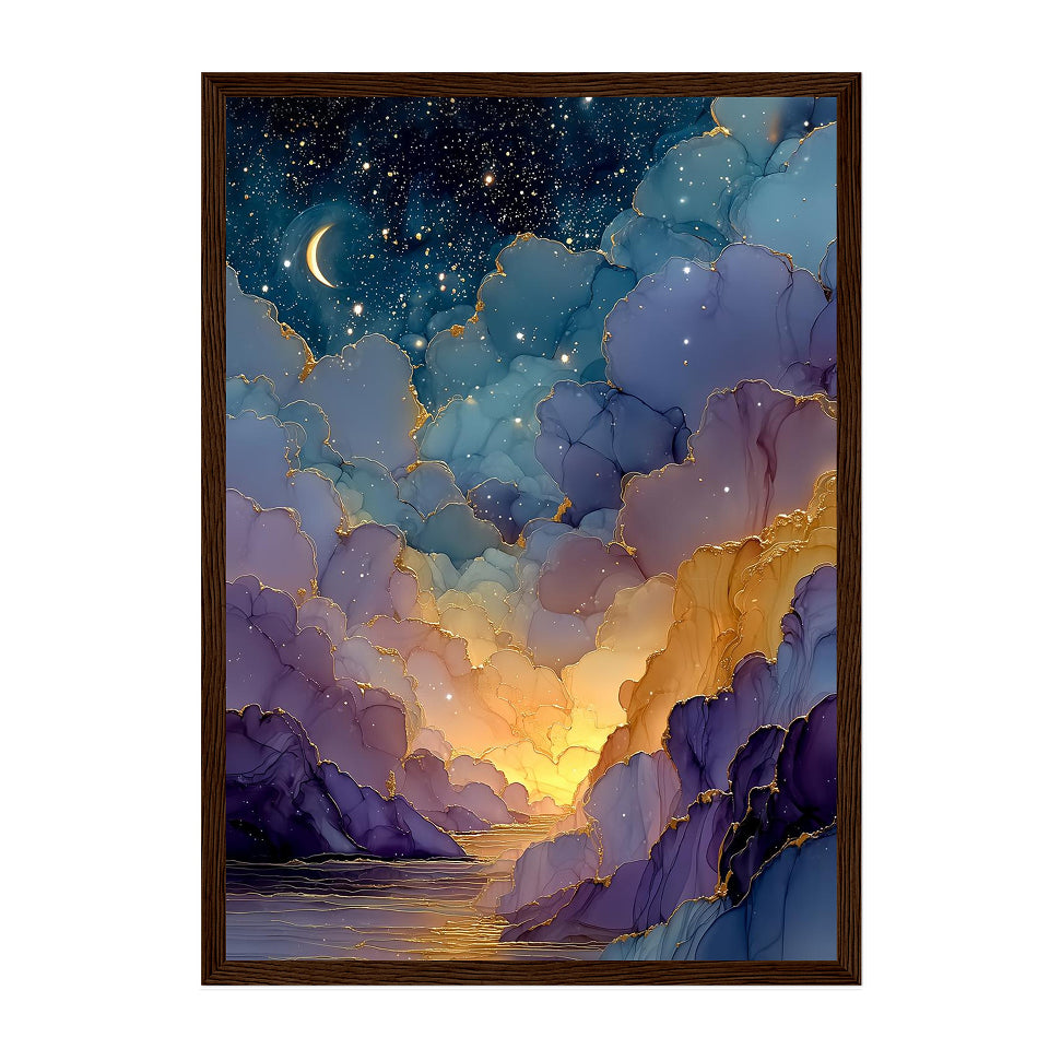 Celestial Alcohol Ink Landscape Art Print: Indigo Gold Dreamscape Valley