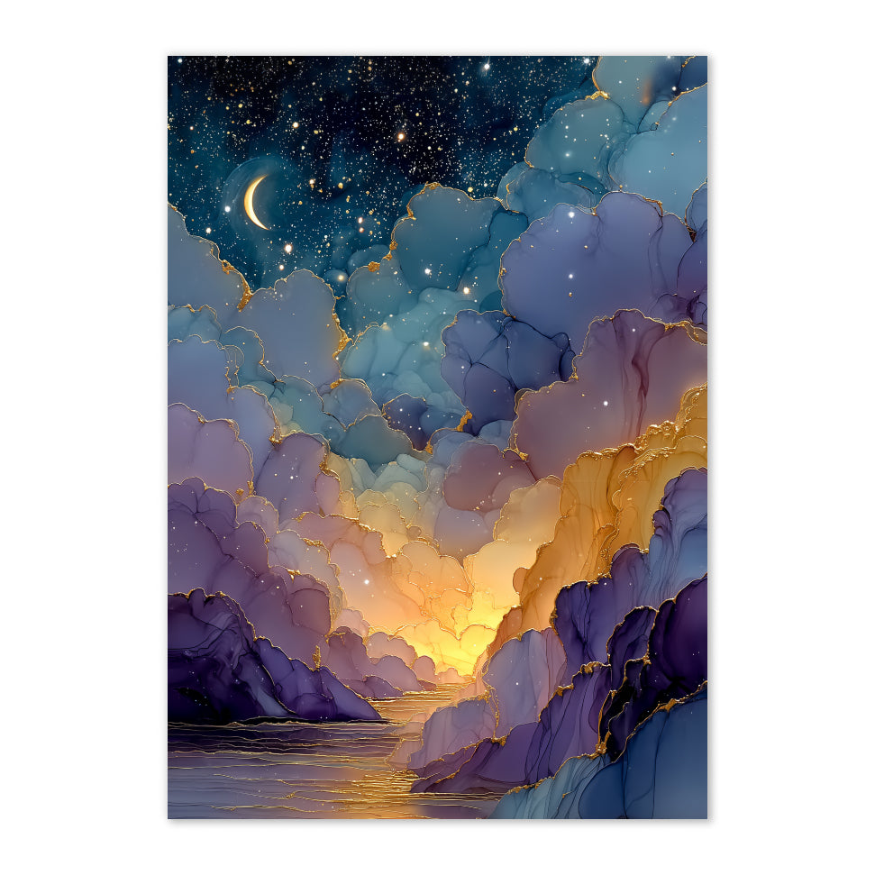 Celestial Alcohol Ink Landscape Art Print: Indigo Gold Dreamscape Valley