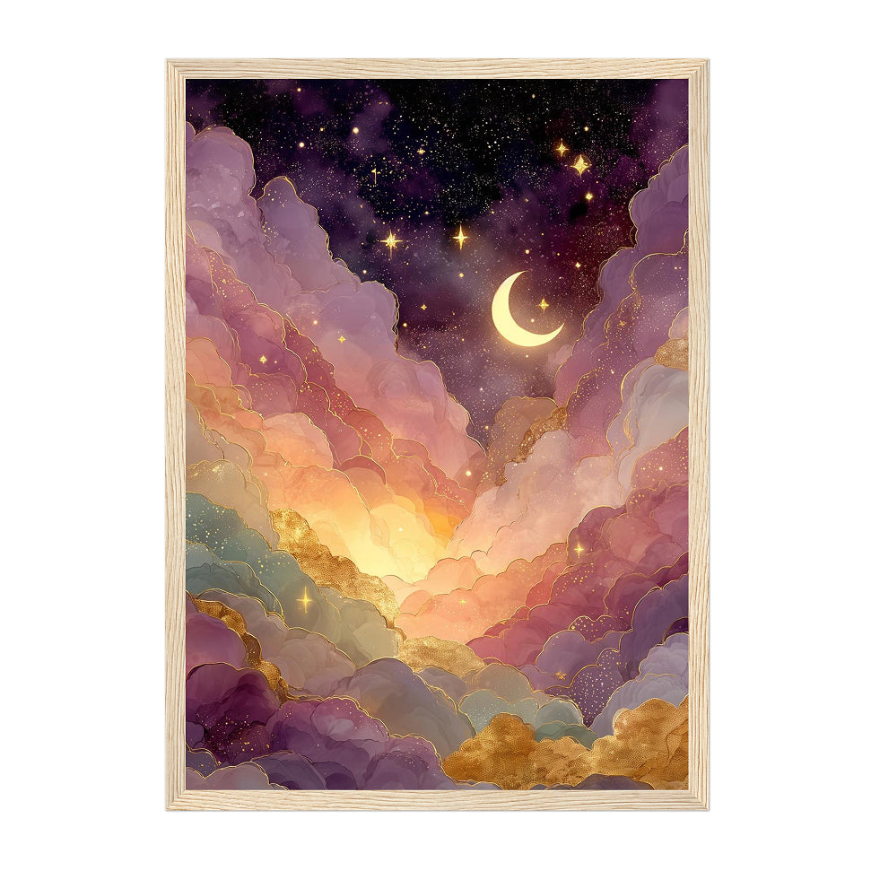 Celestial Crescent Moon Art Print: Pink Gold Dreamy Cloud Night Sky