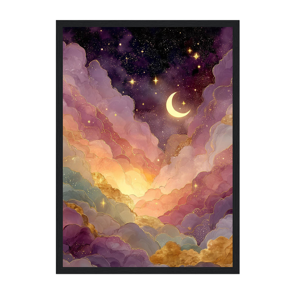 Celestial Crescent Moon Art Print: Pink Gold Dreamy Cloud Night Sky