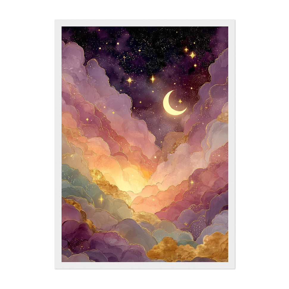 Celestial Crescent Moon Art Print: Pink Gold Dreamy Cloud Night Sky