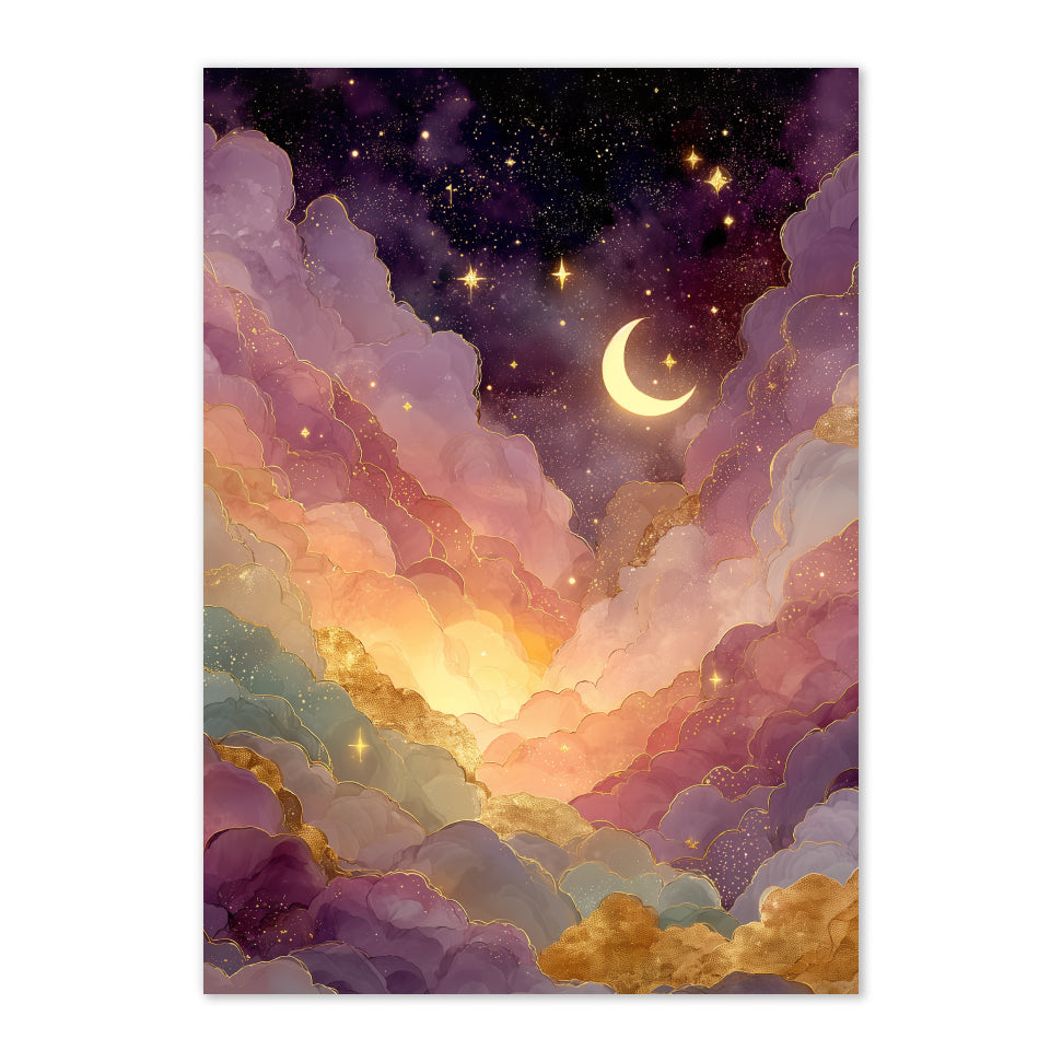 Celestial Crescent Moon Art Print: Pink Gold Dreamy Cloud Night Sky