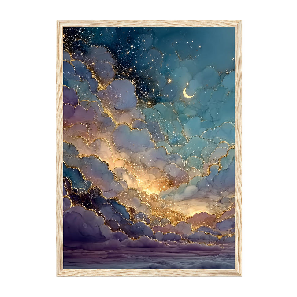 Celestial Alcohol Ink Cloudscape Art Print: Blue Gold Luminous Night Sky