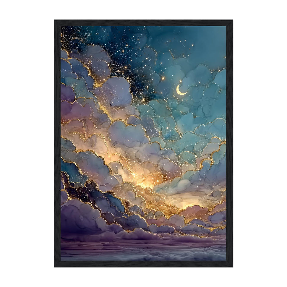 Celestial Alcohol Ink Cloudscape Art Print: Blue Gold Luminous Night Sky
