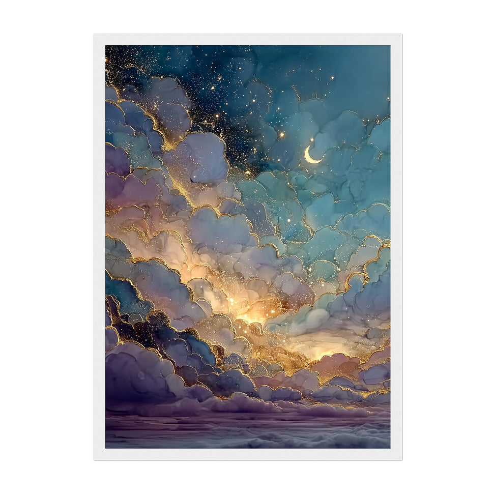 Celestial Alcohol Ink Cloudscape Art Print: Blue Gold Luminous Night Sky