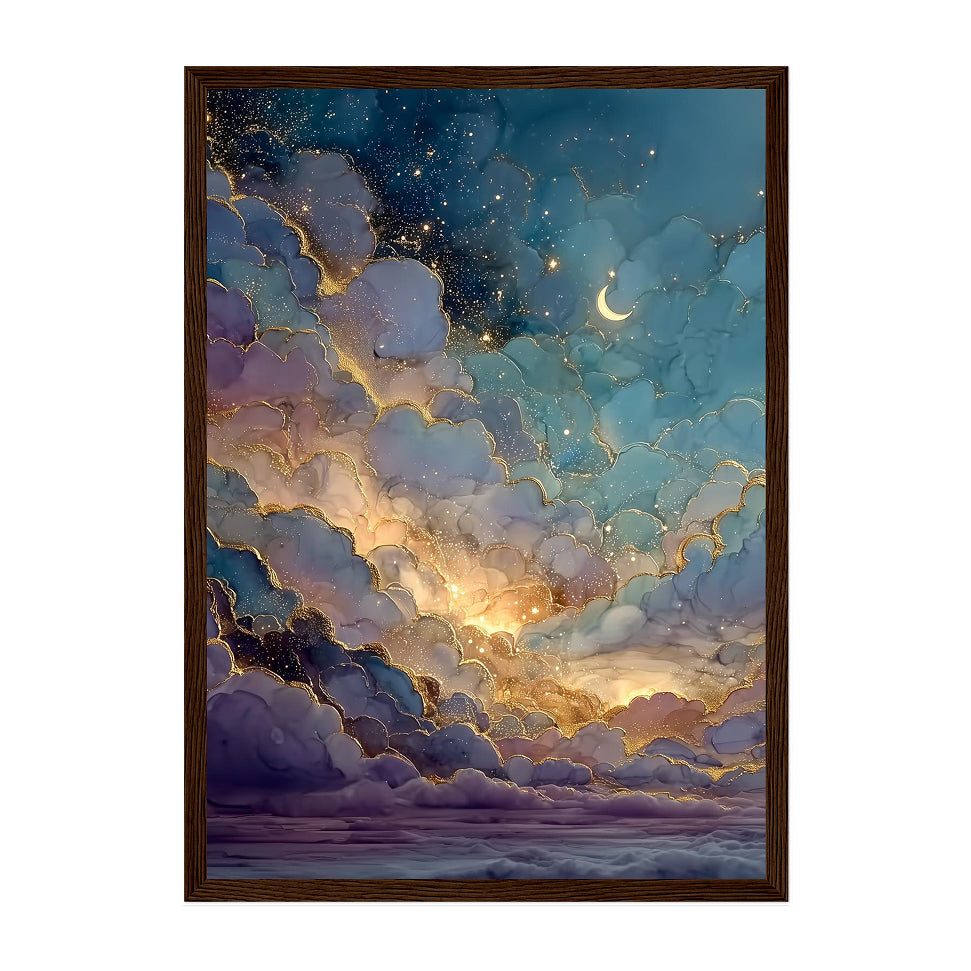 Celestial Alcohol Ink Cloudscape Art Print: Blue Gold Luminous Night Sky