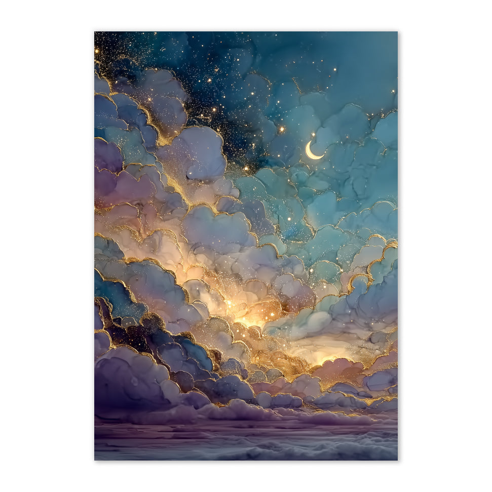 Celestial Alcohol Ink Cloudscape Art Print: Blue Gold Luminous Night Sky