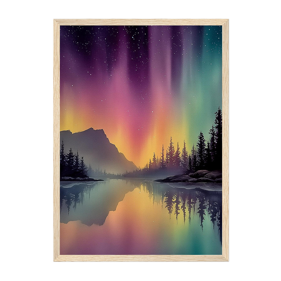 Northern Lights Landscape Art Print: Colorful Aurora Mountain Lake Reflection