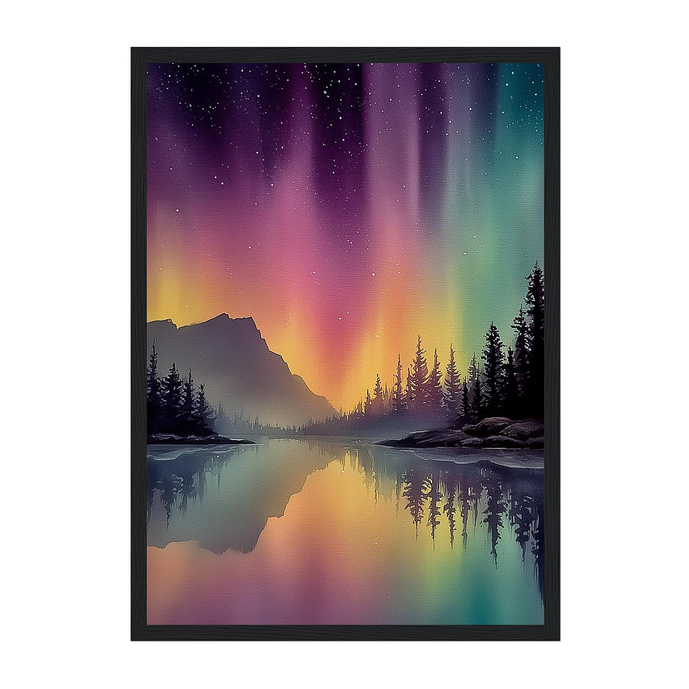 Northern Lights Landscape Art Print: Colorful Aurora Mountain Lake Reflection