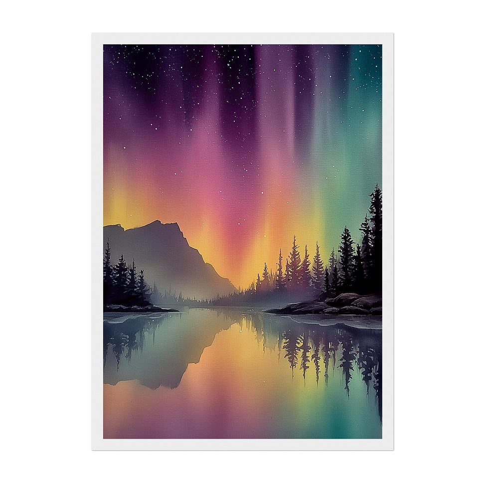 Northern Lights Landscape Art Print: Colorful Aurora Mountain Lake Reflection