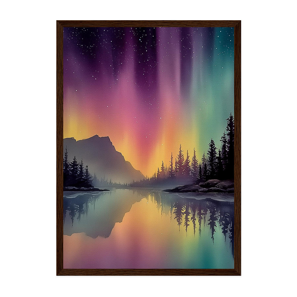 Northern Lights Landscape Art Print: Colorful Aurora Mountain Lake Reflection