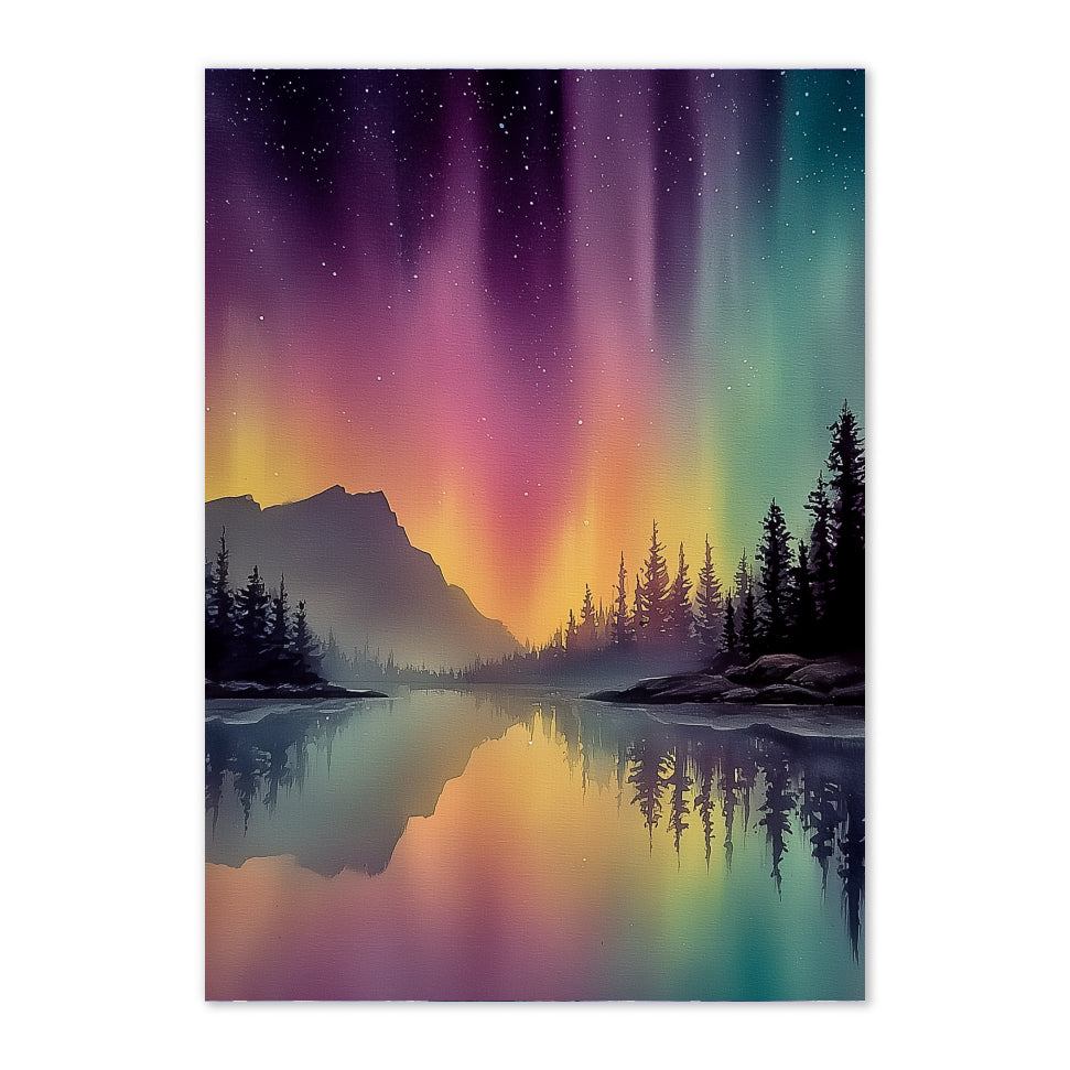 Northern Lights Landscape Art Print: Colorful Aurora Mountain Lake Reflection