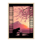 Japanese Cat Art Print: Mount Fuji, Cherry Blossoms, Shoji Window