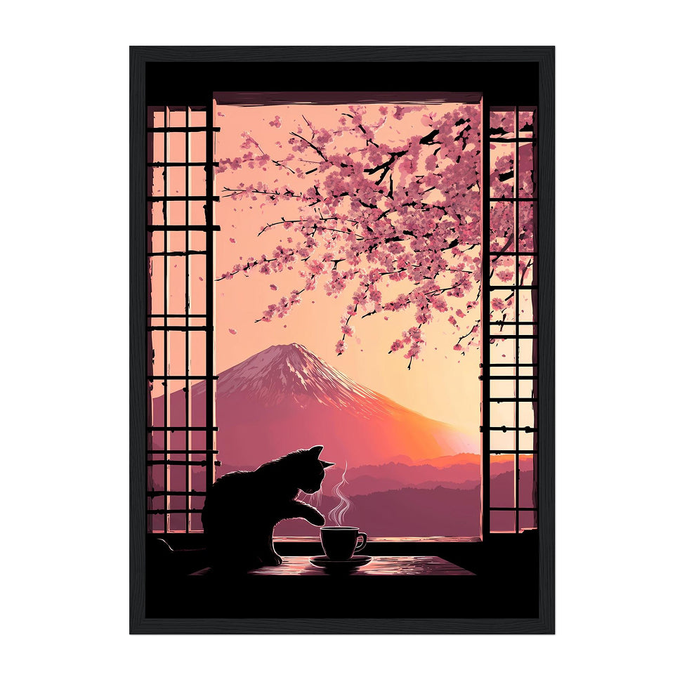 Japanese Cat Art Print: Mount Fuji, Cherry Blossoms, Shoji Window