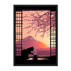 Japanese Cat Art Print: Mount Fuji, Cherry Blossoms, Shoji Window