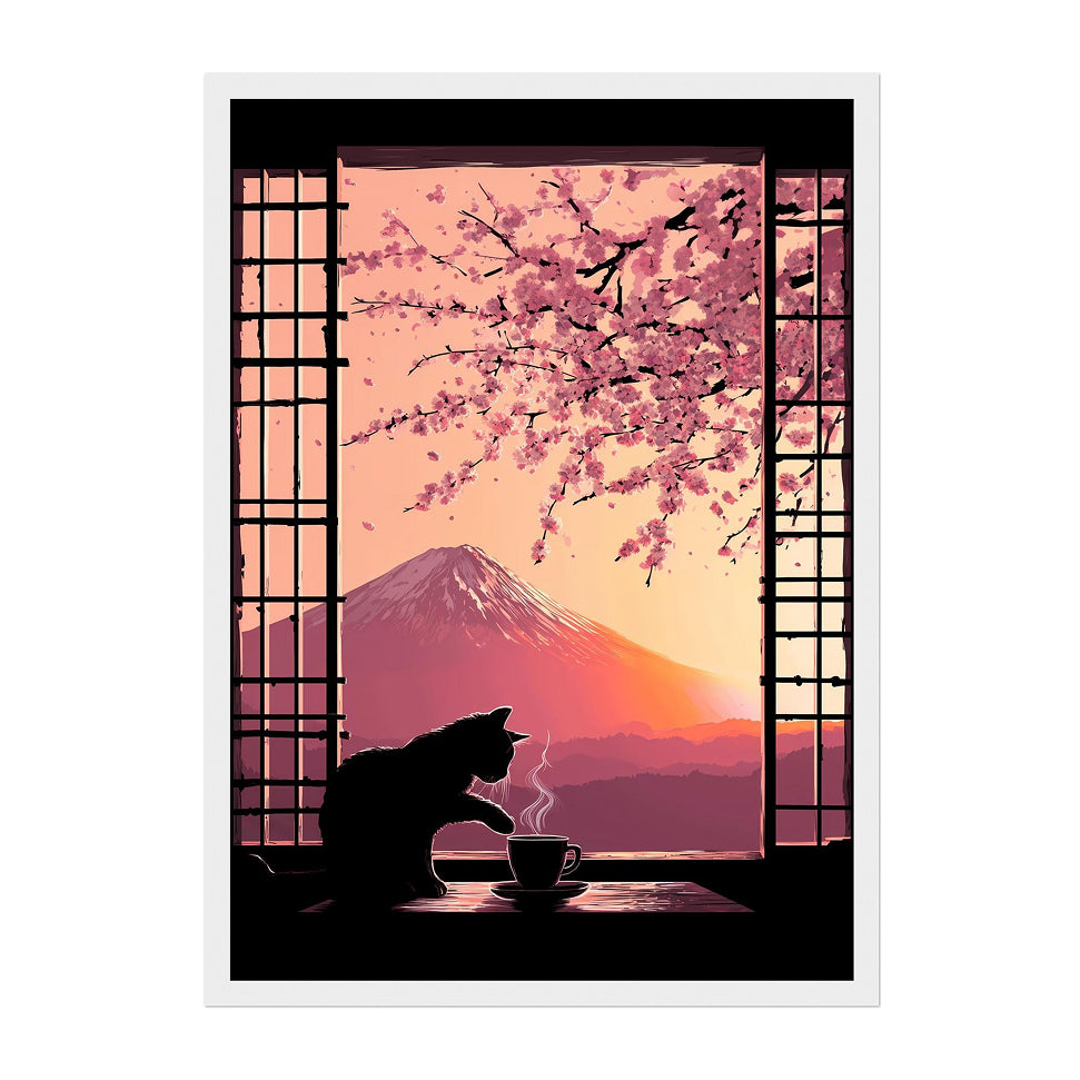 Japanese Cat Art Print: Mount Fuji, Cherry Blossoms, Shoji Window