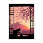 Japanese Cat Art Print: Mount Fuji, Cherry Blossoms, Shoji Window