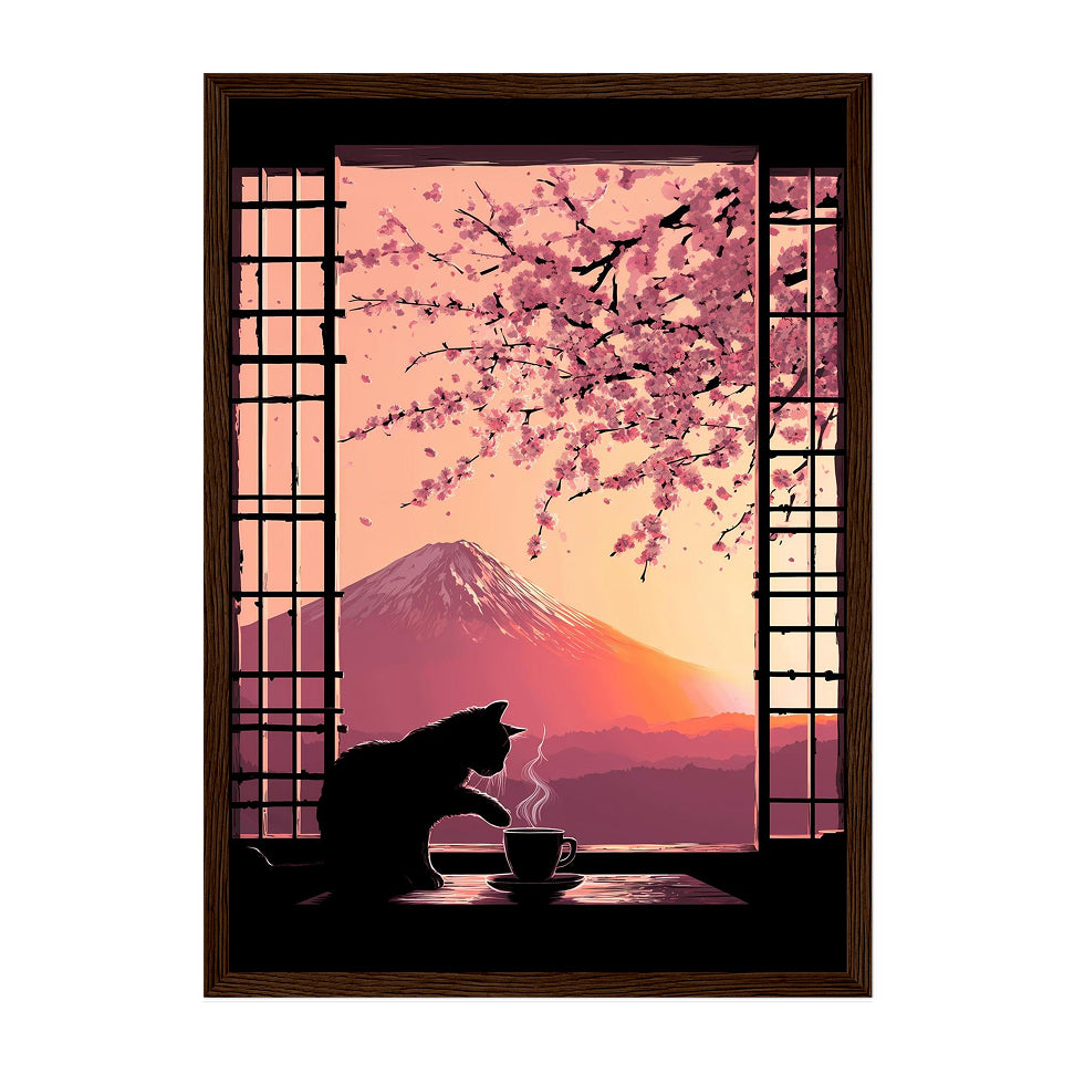 Japanese Cat Art Print: Mount Fuji, Cherry Blossoms, Shoji Window