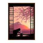 Japanese Cat Art Print: Mount Fuji, Cherry Blossoms, Shoji Window