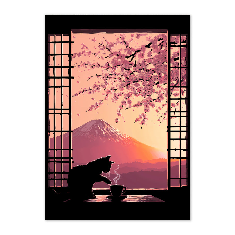 Japanese Cat Art Print: Mount Fuji, Cherry Blossoms, Shoji Window
