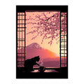 Japanese Cat Art Print: Mount Fuji, Cherry Blossoms, Shoji Window