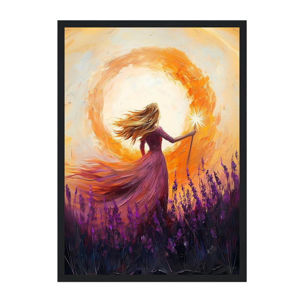 Framed artwork of a Glinda from Wicked in a flowing dress holding a light wand against a sunset sky with flowers.