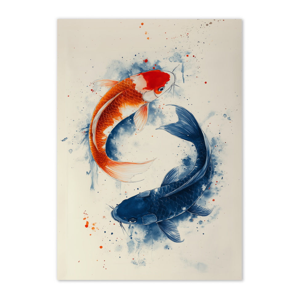 Art print of two koi fish, one red and one blue, on a beige background with watercolor splashes.