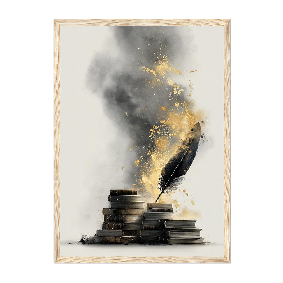 Feather Quill & Books Art Print: Gold Ink Literary Decor