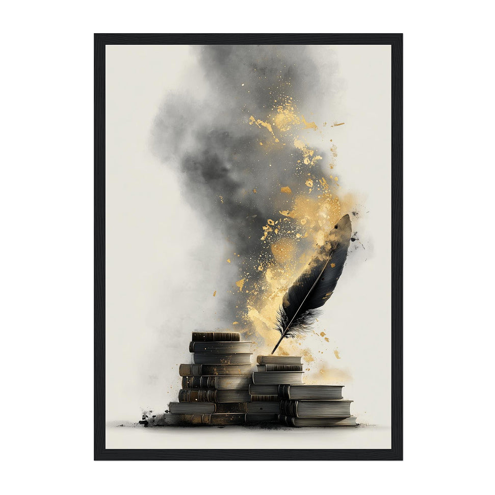 Feather Quill & Books Art Print: Gold Ink Literary Decor
