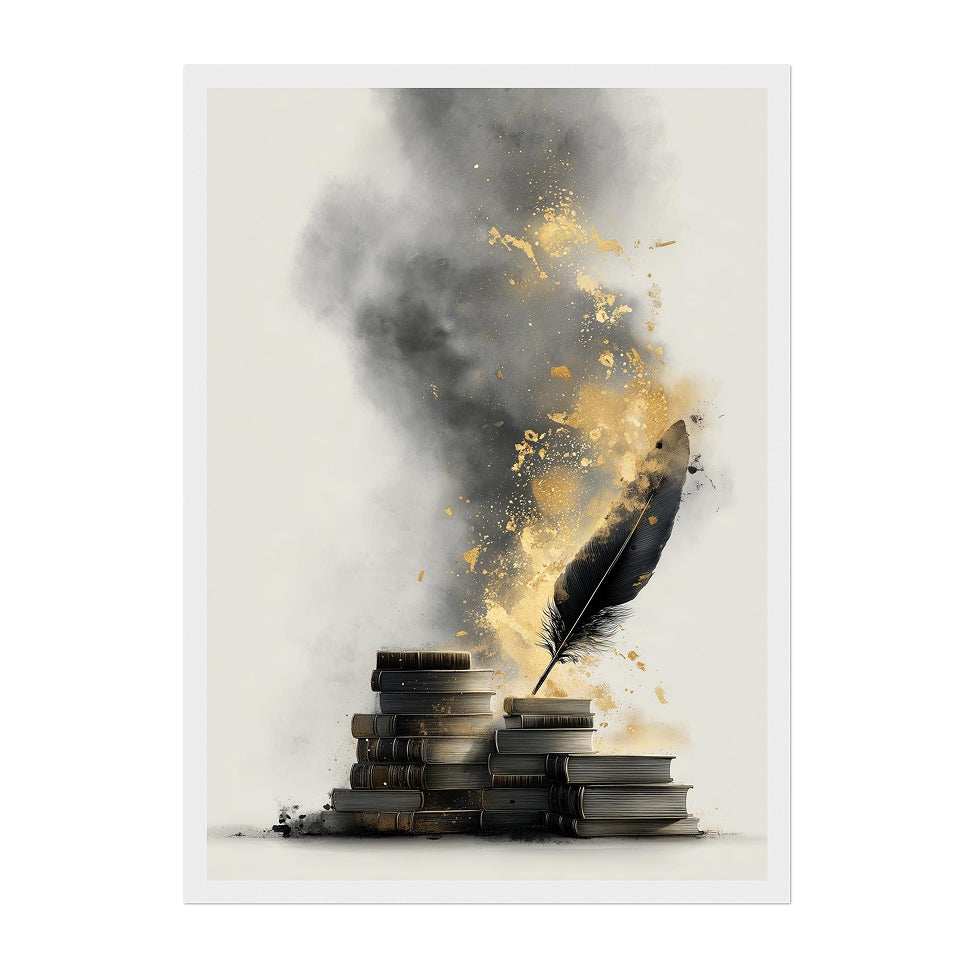 Feather Quill & Books Art Print: Gold Ink Literary Decor